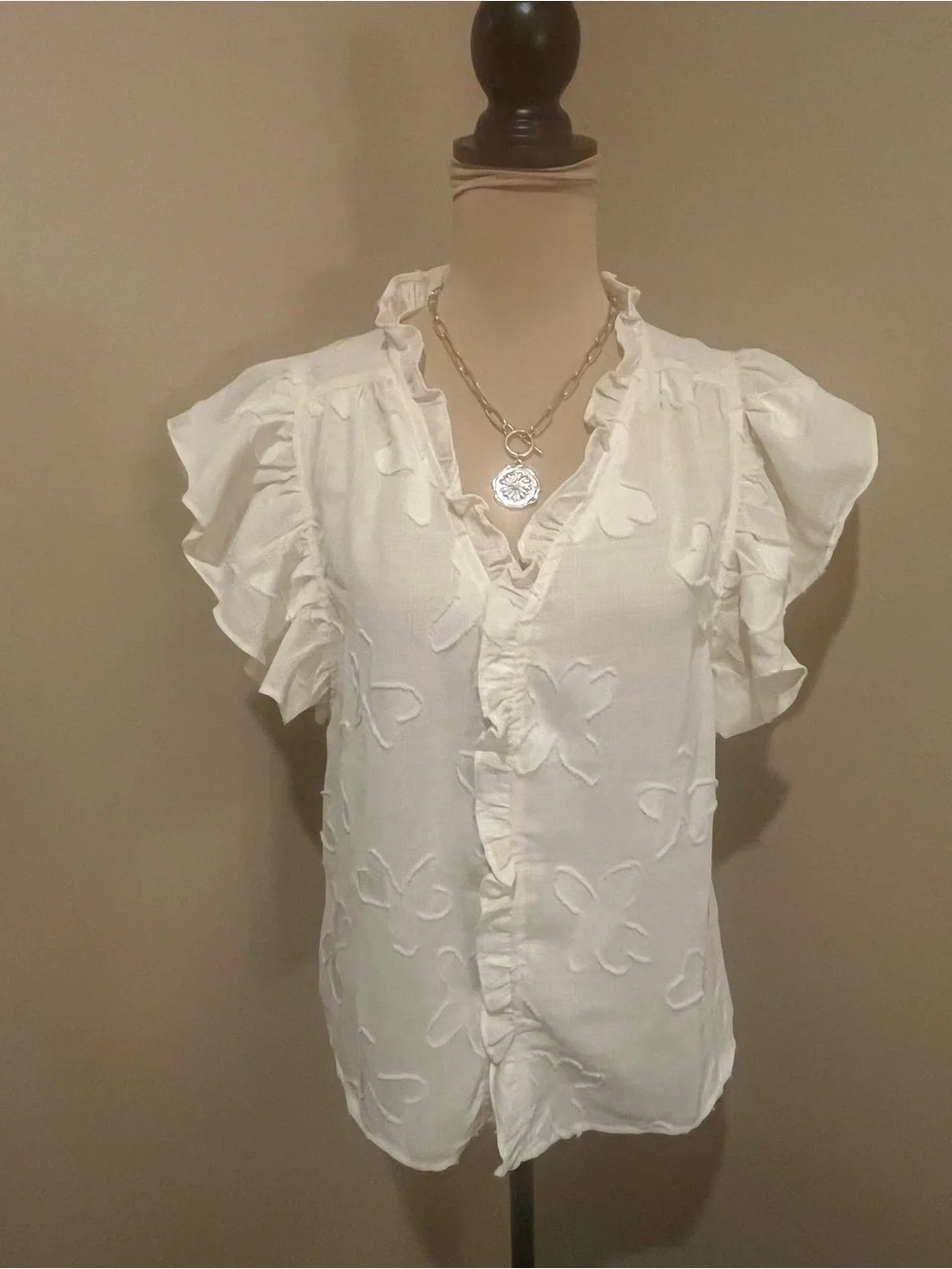 Voy Fairy Flutter Sleeve Appliqué V Neck Blouse, size Small - Picture 1 of 7
